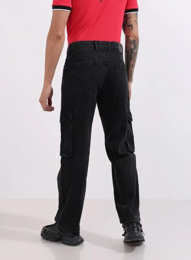 The Indian Garage Co  Men Relaxed Fit Solid Cargo Pocket Mid-Rise Jeans for Men | Best Price UAE